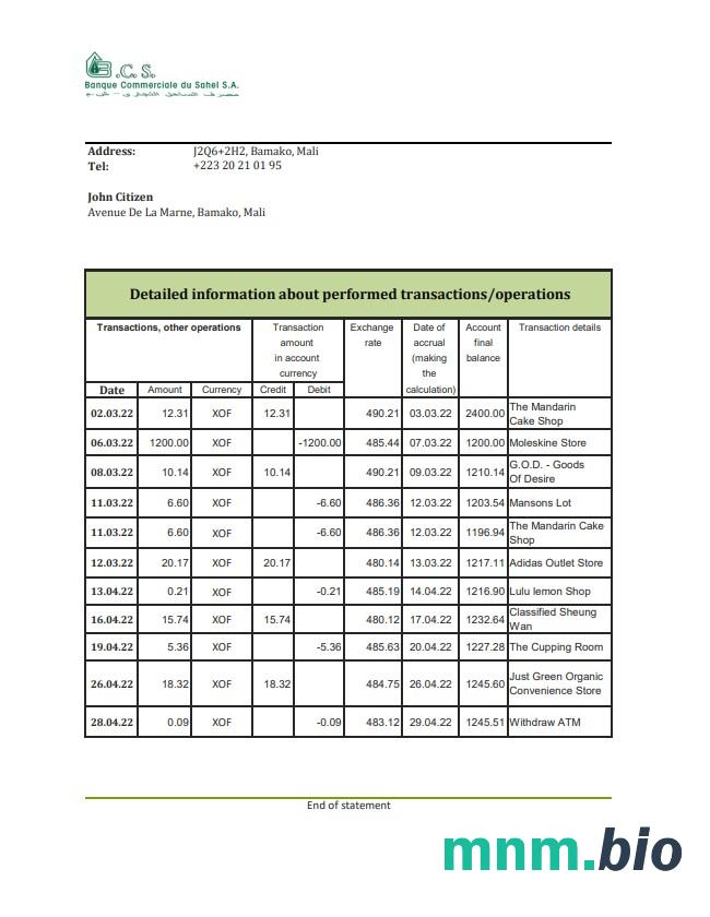 Szablon wyciągu bankowego Mali Banque Commerciale du Sahel w formacie Word i PDF, .doc i .format pdf